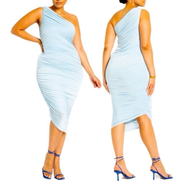 Eloquii Women Dress 16 Ruched One Shoulder Asymmetrical‎ Midi Sky Blue Cocktail - Picture 1 of 7